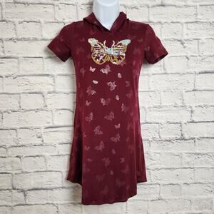 🌼Jenna & Jessie USA Dress Girls 10 Maroon Short Sleeve Hood Butterfly Sequin
